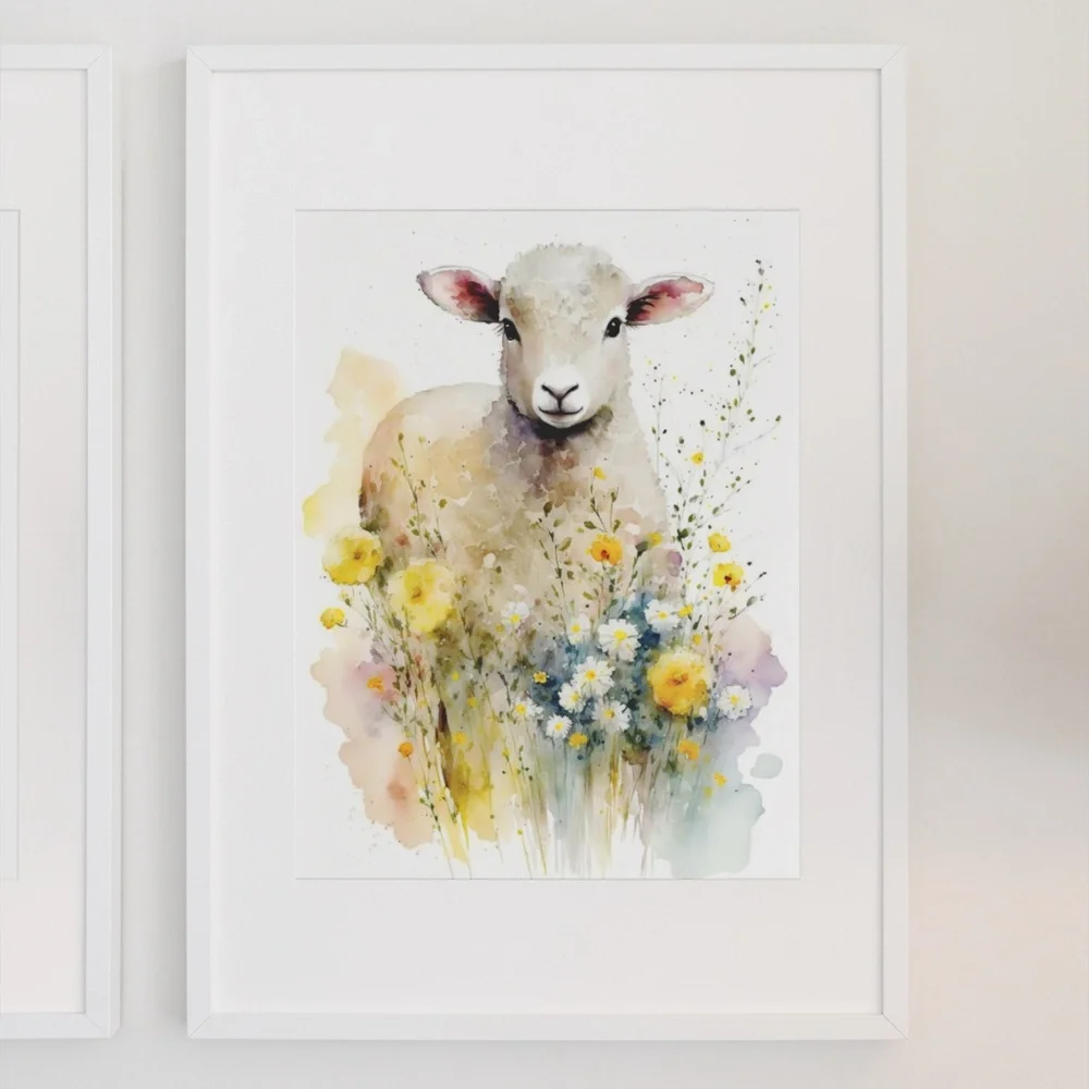 Watercolor Cute Floral Sheep Lamb Wall Art Illustration Print Poster Unframed - Picture 3 of 6